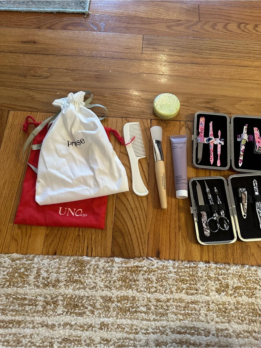 Manicure & Beauty Set with Floral Tools and Brushes - Pink, White, Natural Wood